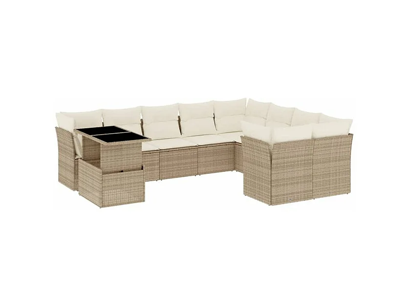 Salon de jardin avec coussins 10 pcs beige résine tressée