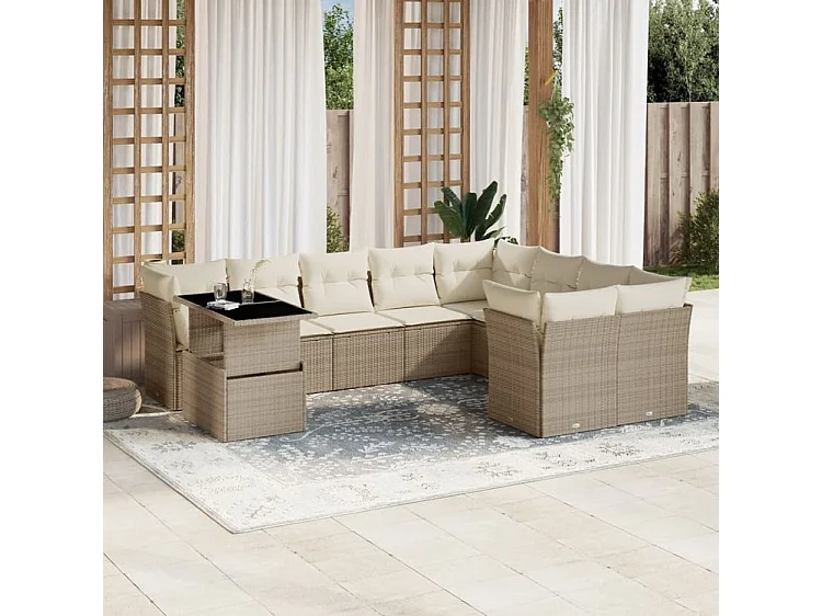 Salon de jardin avec coussins 10 pcs beige résine tressée