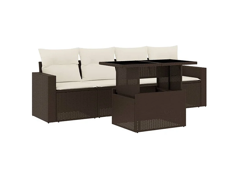Salon de jardin avec coussins 5 pcs marron résine tressée