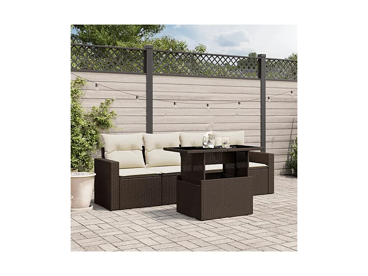 Salon de jardin avec coussins 5 pcs marron résine tressée