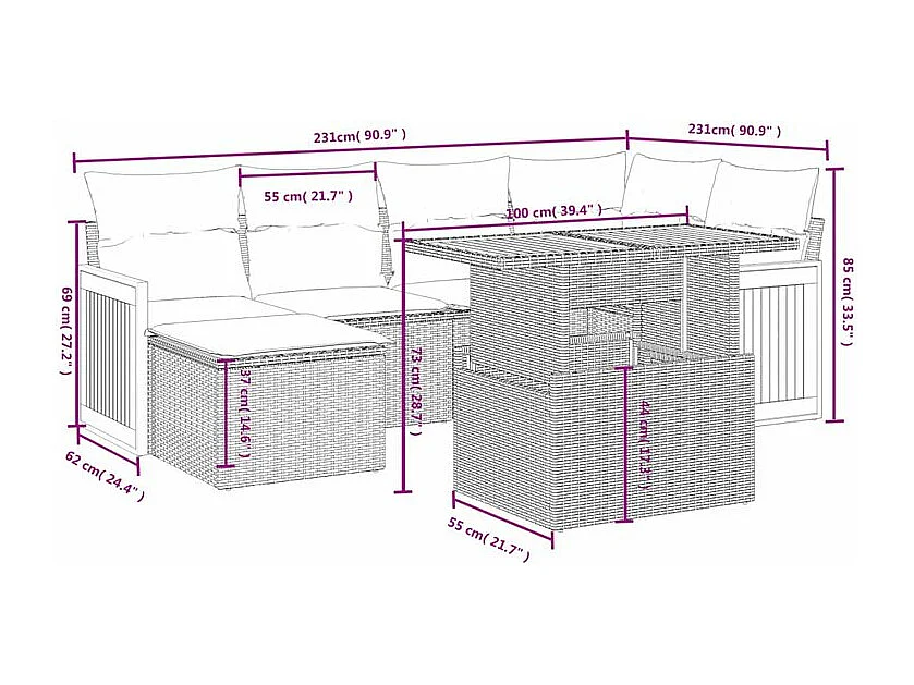 Salon de jardin avec coussins 6 pcs beige résine tressée