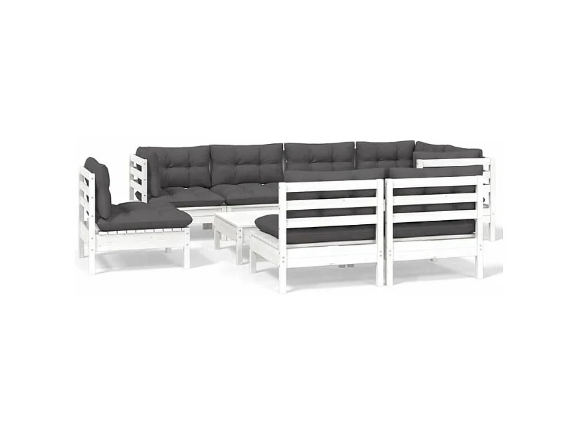 Salon de jardin 9 pcs avec coussins blanc bois de pin massif