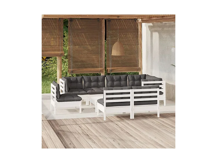 Salon de jardin 9 pcs avec coussins blanc bois de pin massif