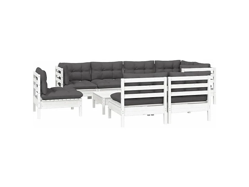 Salon de jardin 9 pcs avec coussins blanc bois de pin massif