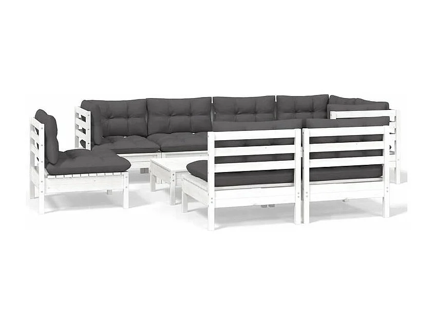 Salon de jardin 9 pcs avec coussins blanc bois de pin massif