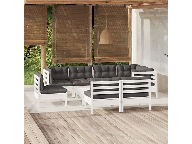 Salon de jardin 9 pcs avec coussins blanc bois de pin massif