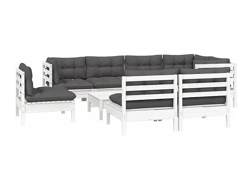 Salon de jardin 9 pcs avec coussins blanc bois de pin massif