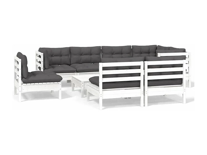Salon de jardin 9 pcs avec coussins blanc bois de pin massif