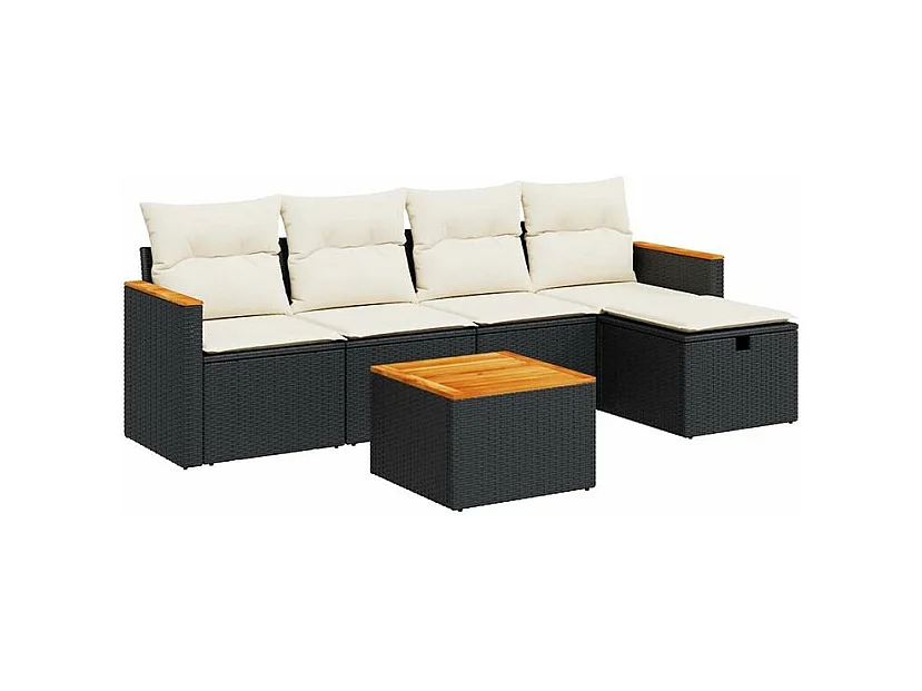 Salon de jardin 6 pcs avec coussins noir résine tressée