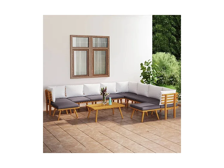Salon de jardin 11 pcs avec coussins Bois d'acacia solide