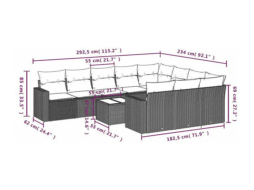 Salon de jardin et coussins 11 pcs marron résine tressée