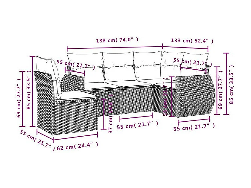 Salon de jardin avec coussins 5 pcs marron résine tressée
