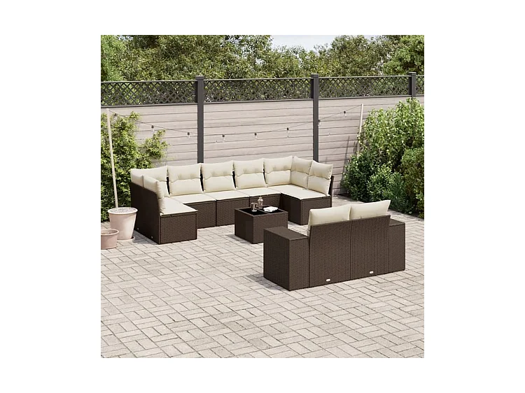 Salon de jardin 10 pcs avec coussins marron résine tressée