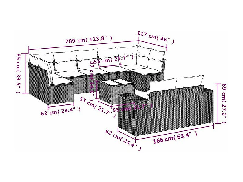 Salon de jardin 10 pcs avec coussins marron résine tressée
