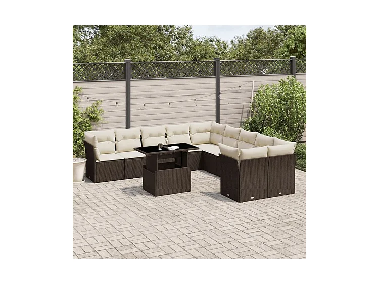 Salon de jardin et coussins 11 pcs marron résine tressée