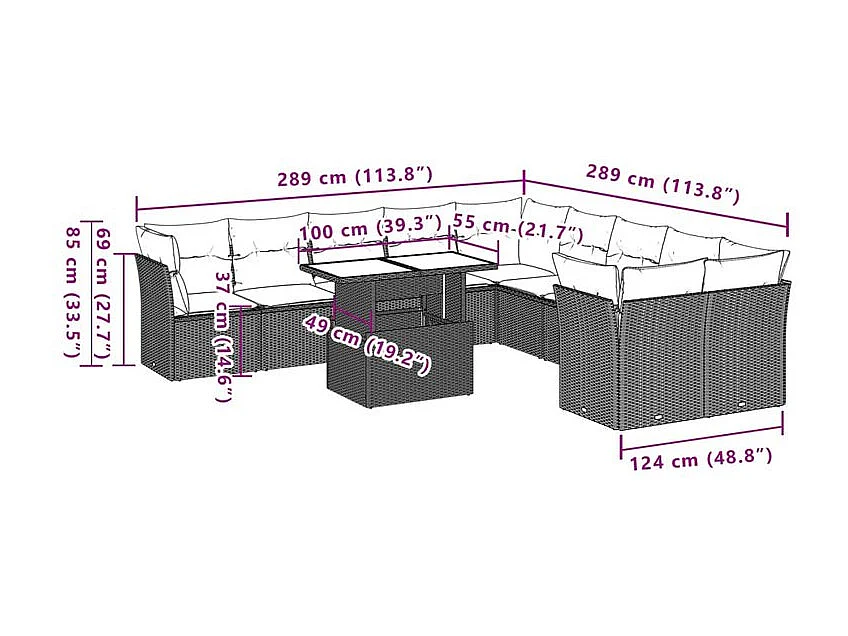 Salon de jardin et coussins 11 pcs marron résine tressée