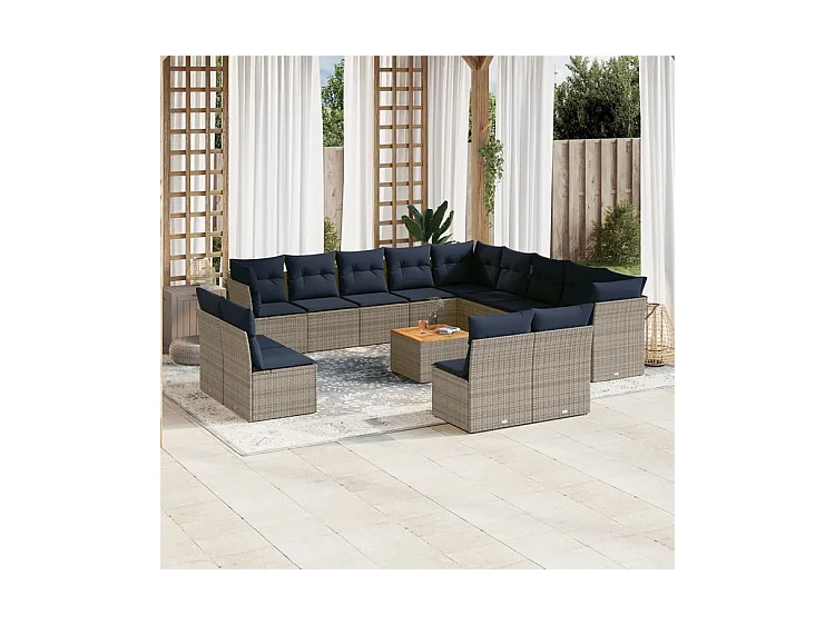 Salon de jardin avec coussins 14 pcs gris résine tressée
