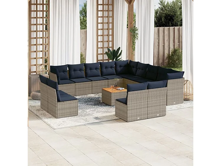 Salon de jardin avec coussins 14 pcs gris résine tressée