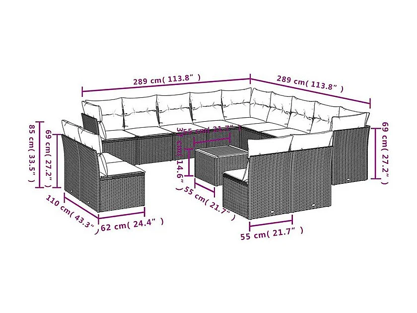 Salon de jardin avec coussins 14 pcs gris résine tressée