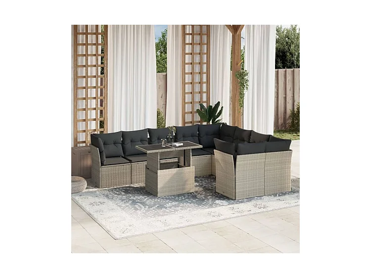 Salon de jardin avec coussins 10 pcs gris clair résine tressée