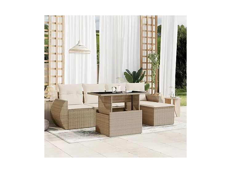Salon de jardin avec coussins 6 pcs beige résine tressée