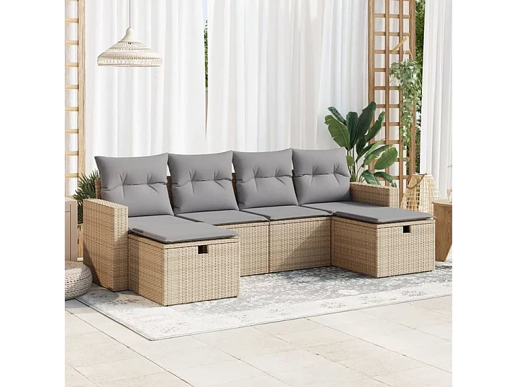 Salon de jardin avec coussins 6 pcs beige résine tressée