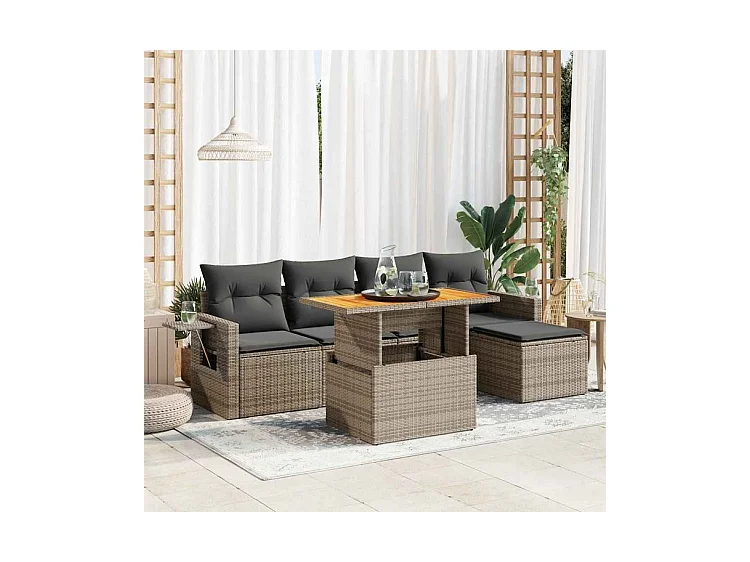 Salon de jardin 6 pcs avec coussins gris résine tressée