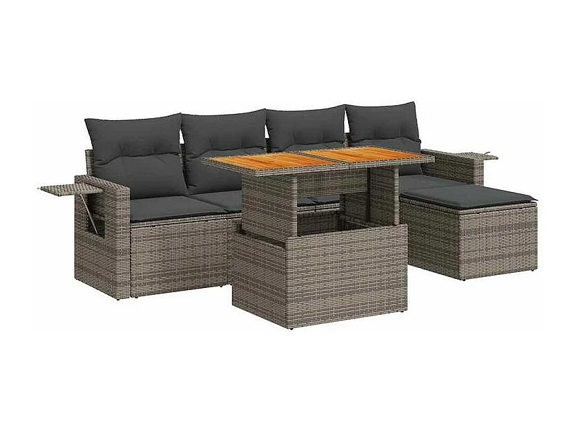 Salon de jardin 6 pcs avec coussins gris résine tressée