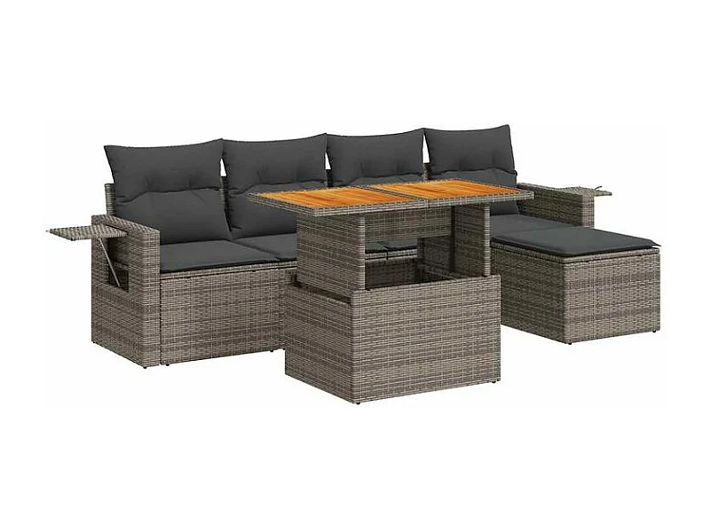 Salon de jardin 6 pcs avec coussins gris résine tressée