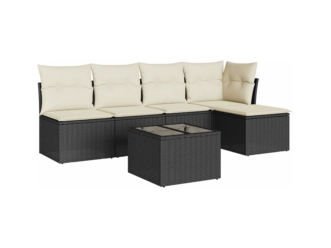 Salon de jardin 6 pcs avec coussins noir résine tressée