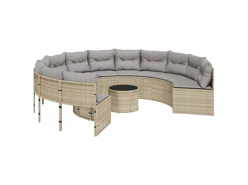 Canapé de jardin avec table coussins rond beige résine tressée