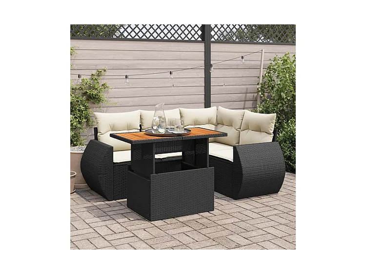 Salon de jardin 5 pcs avec coussins noir résine tressée