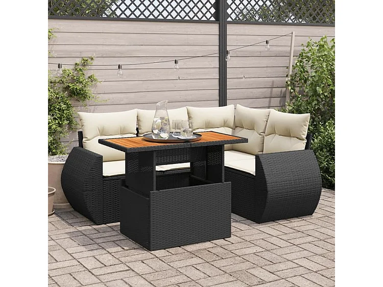 Salon de jardin 5 pcs avec coussins noir résine tressée