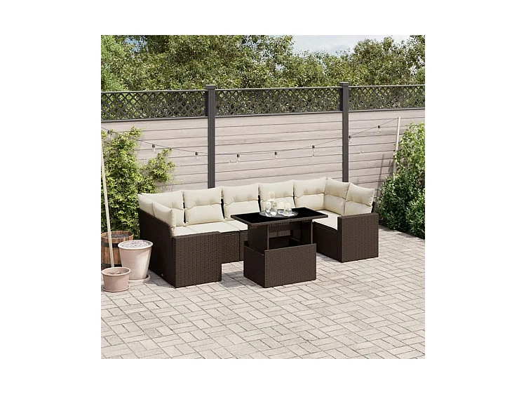 Salon de jardin 8 pcs avec coussins marron résine tressée