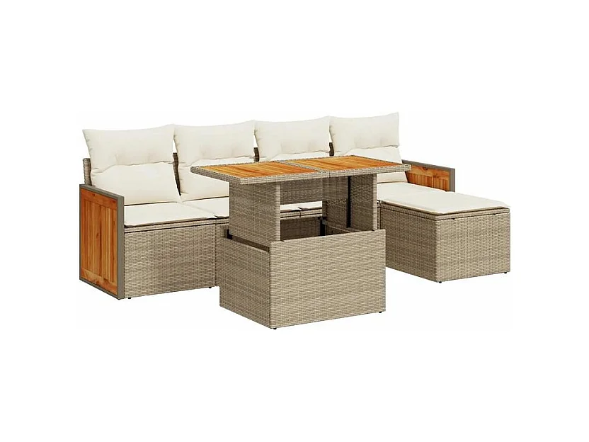 Salon de jardin 6 pcs avec coussins beige résine tressée acacia