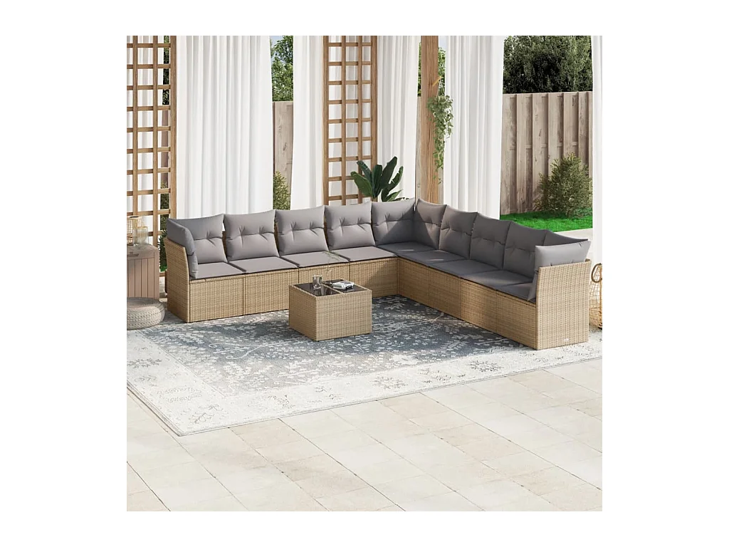 Salon de jardin avec coussins 10 pcs beige résine tressée