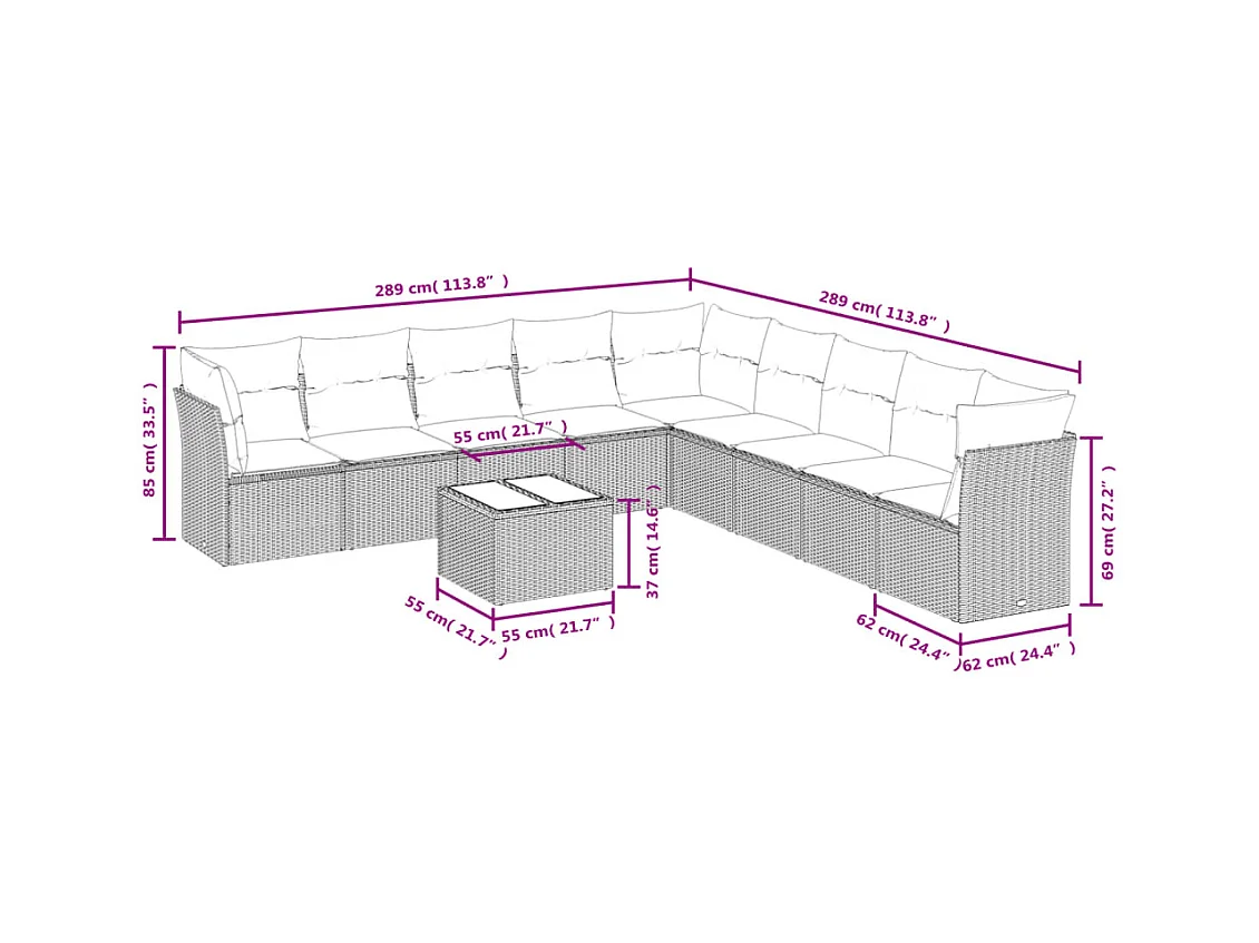 Salon de jardin avec coussins 10 pcs beige résine tressée
