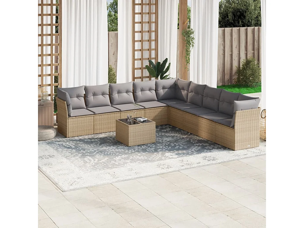 Salon de jardin avec coussins 10 pcs beige résine tressée
