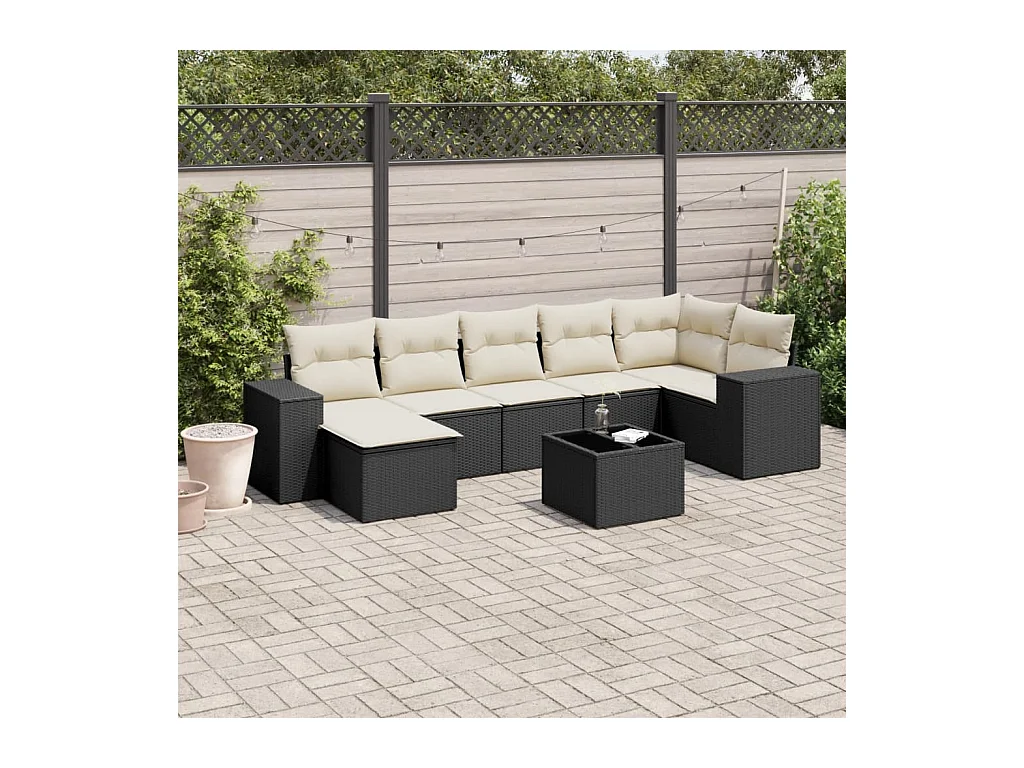 Salon de jardin 8 pcs avec coussins noir résine tressée