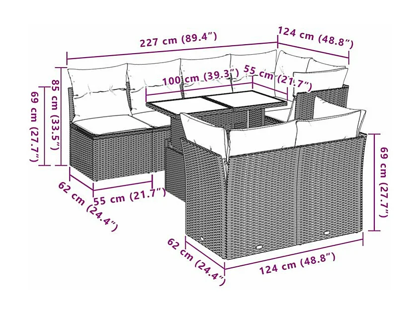 Salon de jardin avec coussins 8 pcs beige résine tressée