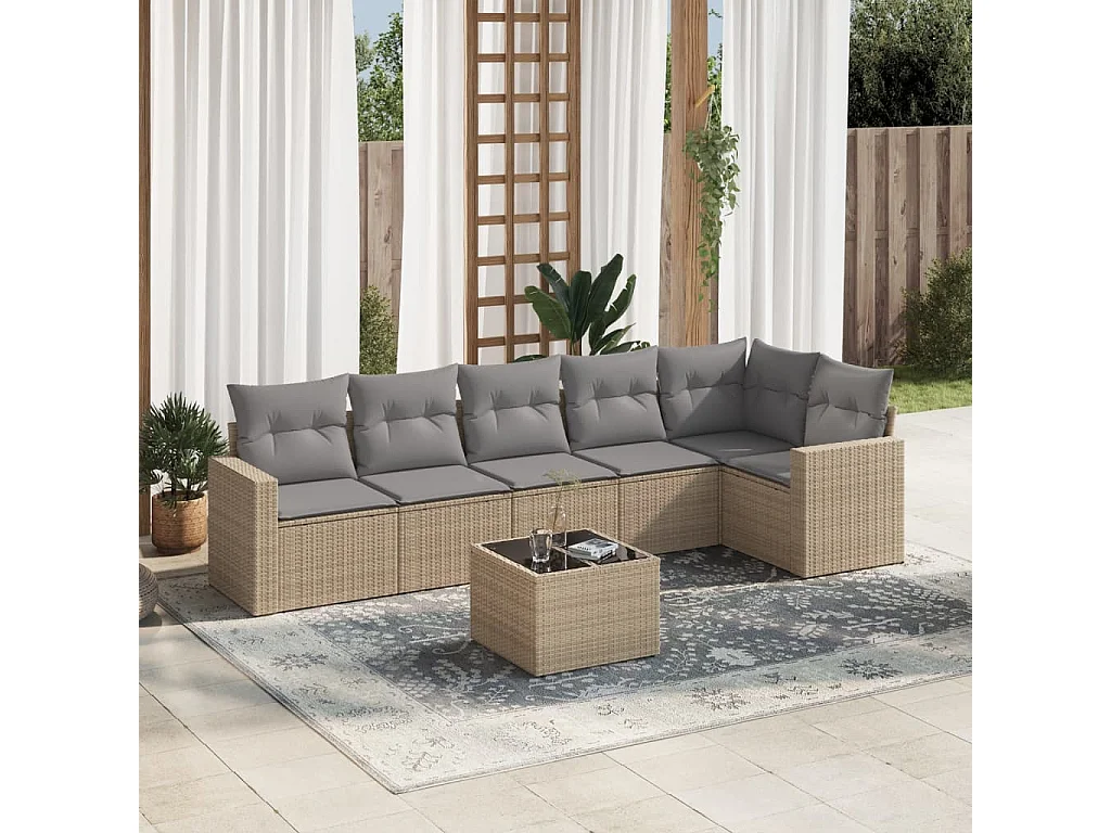 Salon de jardin avec coussins 7 pcs beige résine tressée