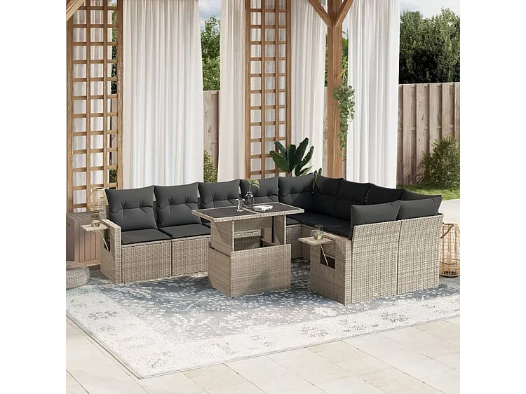 Salon de jardin avec coussins 10 pcs gris clair résine tressée