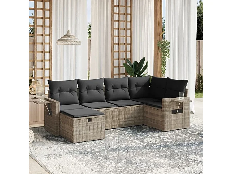 Salon de jardin 6 pcs avec coussins gris clair résine tressée
