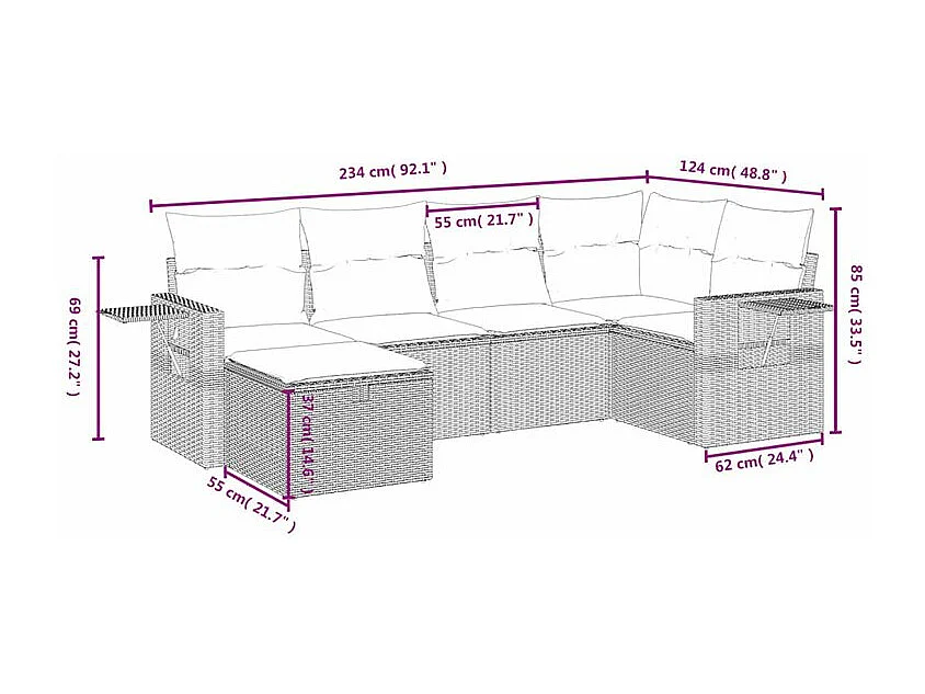 Salon de jardin 6 pcs avec coussins gris clair résine tressée