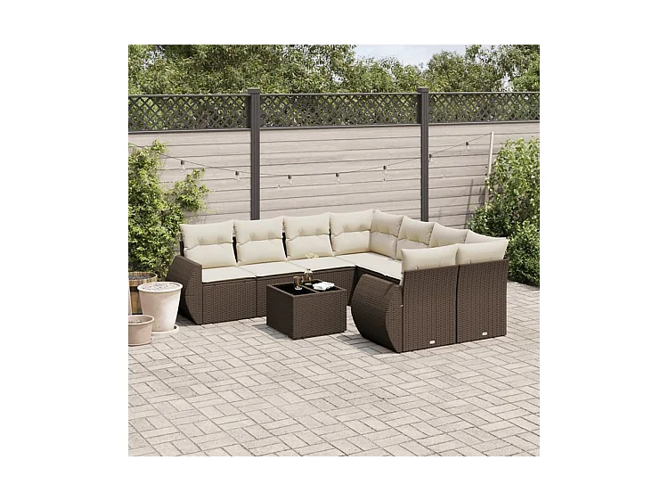 Salon de jardin avec coussins 9 pcs marron résine tressée