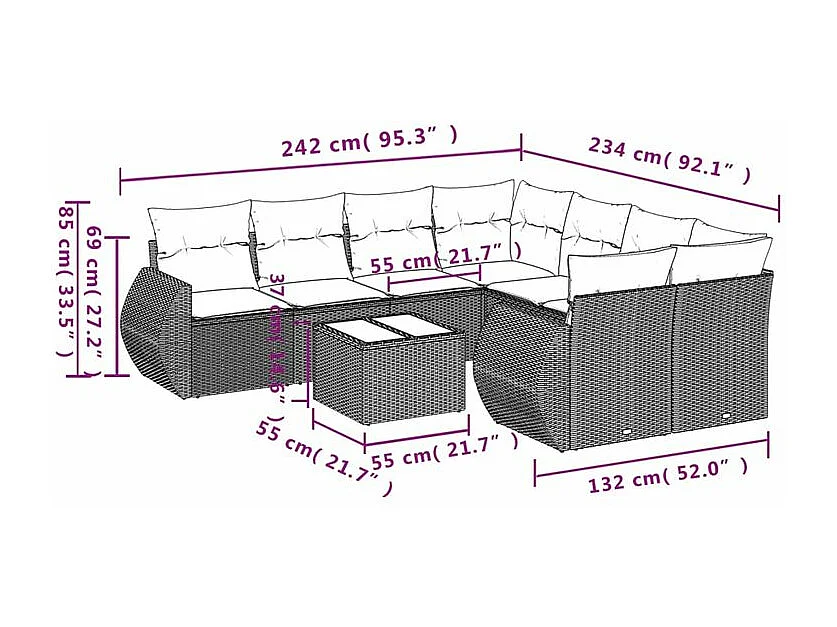 Salon de jardin avec coussins 9 pcs marron résine tressée
