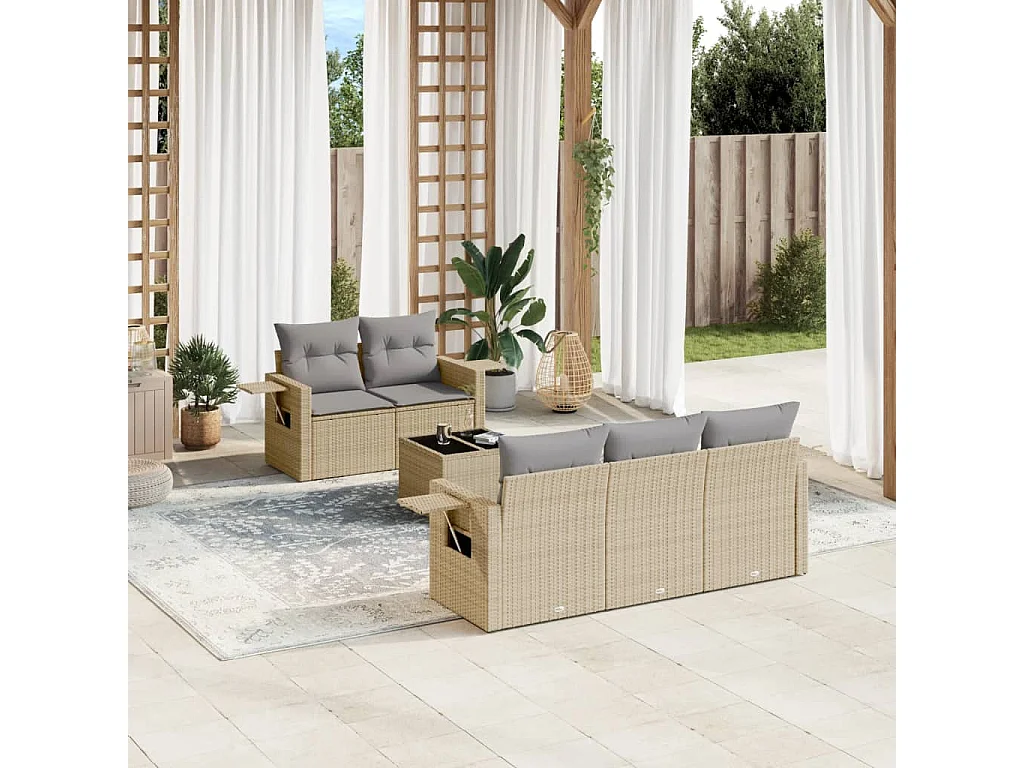 Salon de jardin avec coussins 6 pcs beige résine tressée