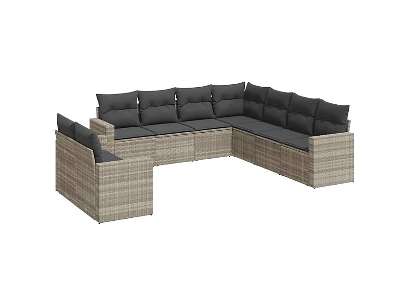 Salon de jardin 9 pcs avec coussins gris clair résine tressée