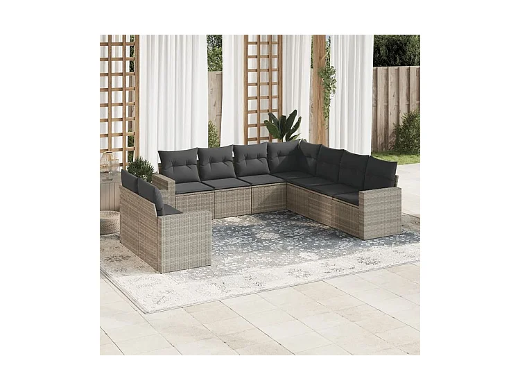 Salon de jardin 9 pcs avec coussins gris clair résine tressée