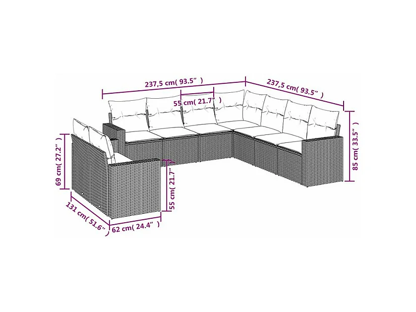 Salon de jardin 9 pcs avec coussins gris clair résine tressée